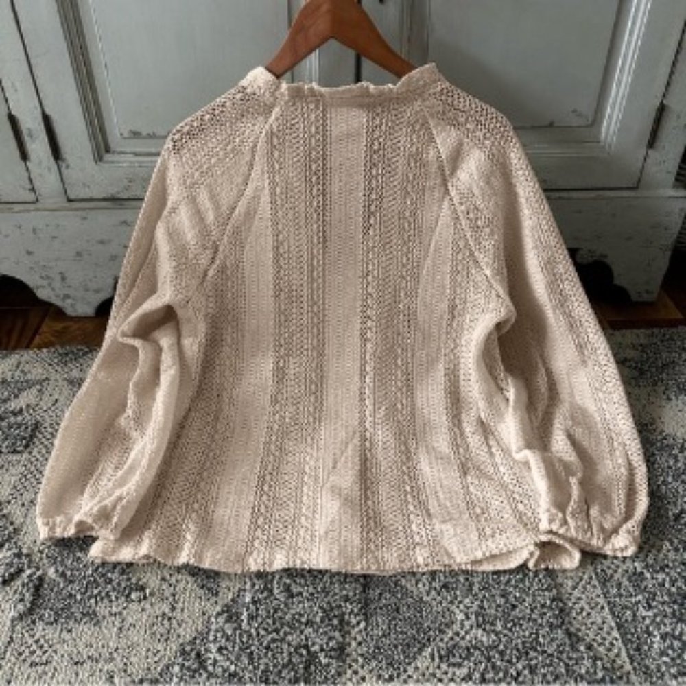 New Bohemian Cream Lace Long Sleeve V-Neck Button Front Blouse Top - Picture 6 of 8